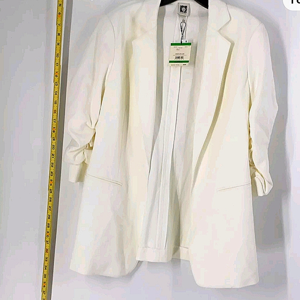 Anne Klein Womens White Rushed 3/4 Sleeve Collared Open Front Jacket